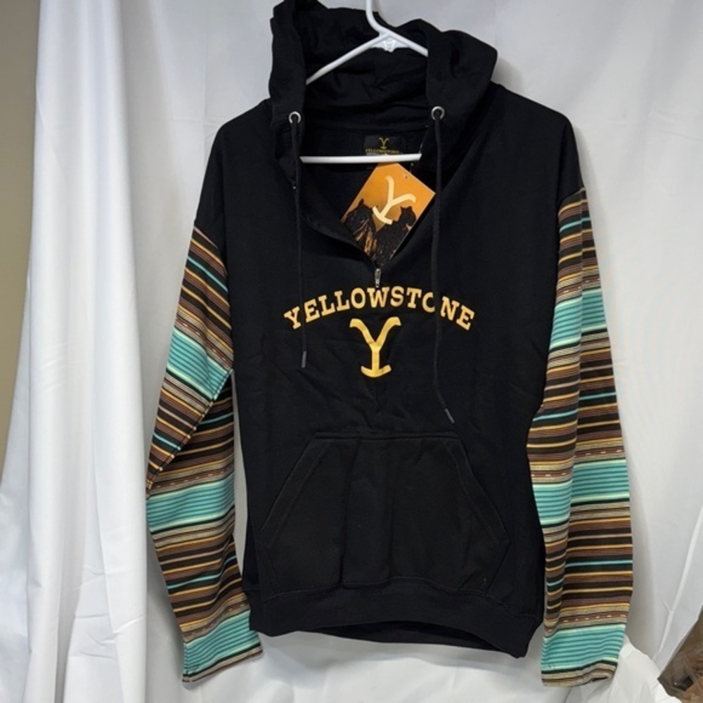 Yellowstone Black mid zip up Hoodie with Striped long Sleeves small - Picture 1 of 11